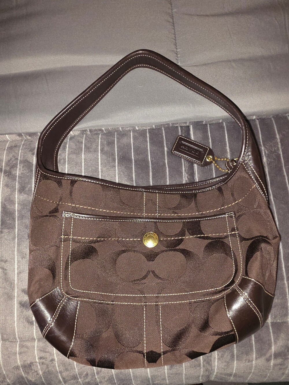 Coach Brown Signature Canvas Shoulder Bag w/ Leather Trim & Wristlet